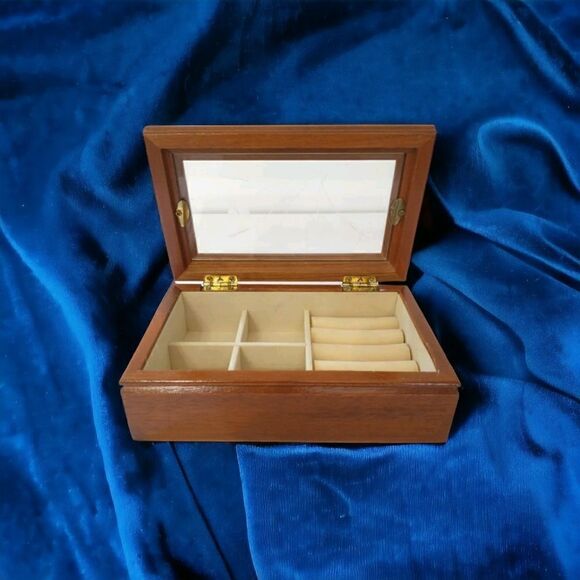 Vintage Jewelry Box Etched Glass Top Wood Tab Velvet Lined 80s 90s Hinge Dresser - Picture 1 of 16